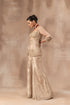 Beige gold silk bustier set with flare tissue flare panel pants and organza jacket